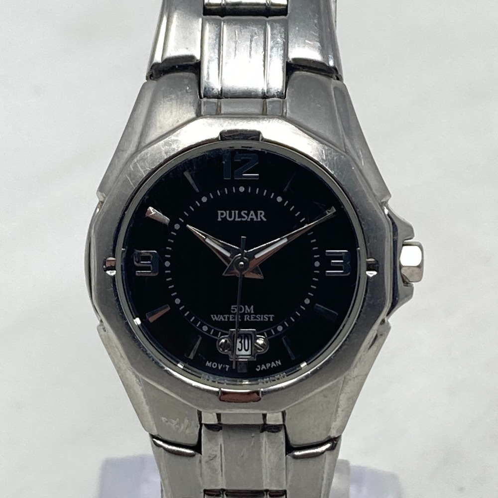 Pulsar Watch Women 25mm Silver Tone Black Dial Date VX82-X485 50M New Battery 7"